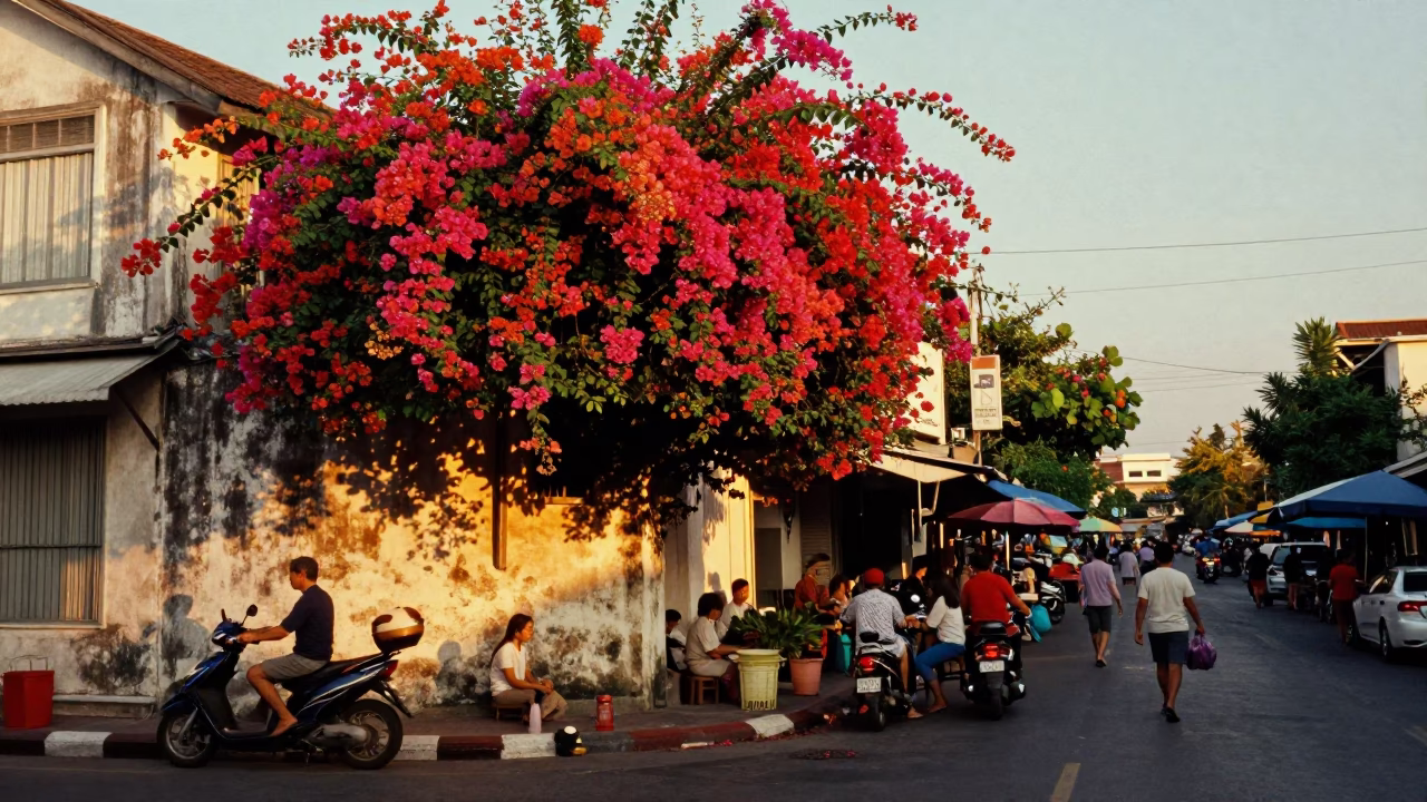 Golden Hour Street Scene in Phuket Thailand with Bougainvillea and Local Market Activity in in Phuket, Thailand