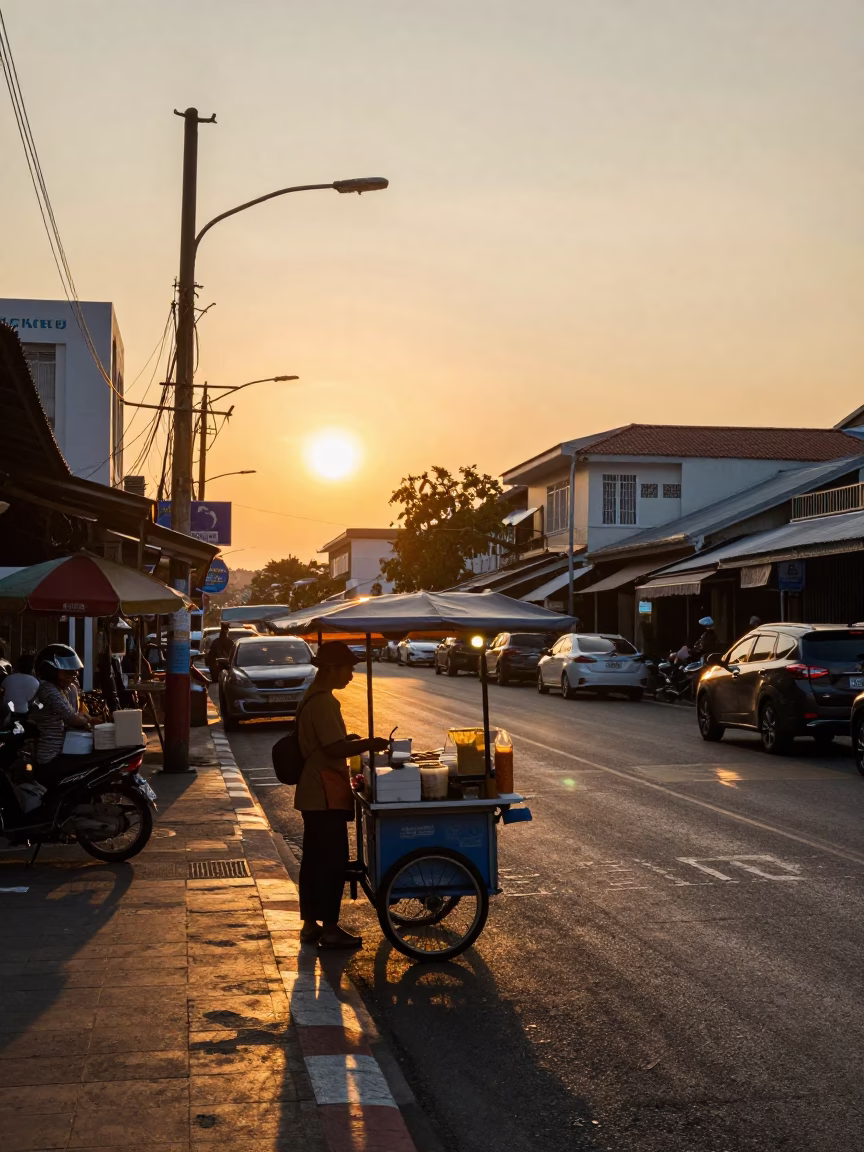 Golden Hour Street Scene in Phuket Thailand with Food Vendor and Sunset in in Phuket, Thailand