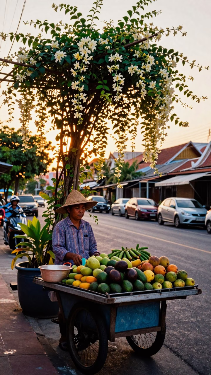Golden Hour Street Scene in Phuket Thailand with Fruit Vendor and Climbing Jasmine in in Phuket, Thailand