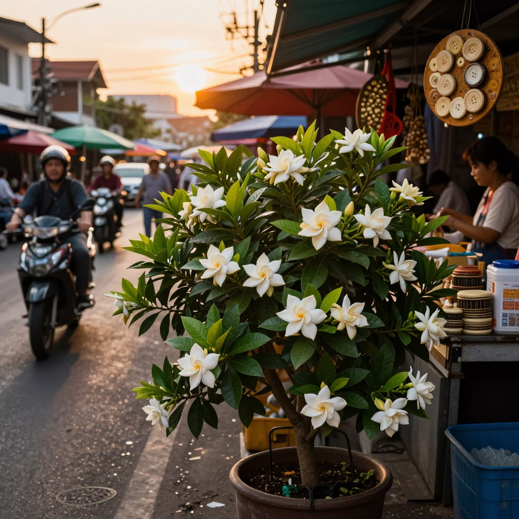 Golden Hour Street Scene in Phuket Thailand with Gardenia Bush and Vintage Button Box in in Phuket, Thailand