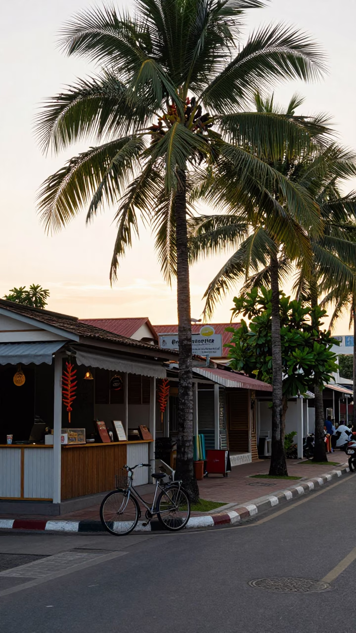 Golden Hour Street Scene in Phuket Thailand with Heliconia and Bicycle in in Phuket, Thailand