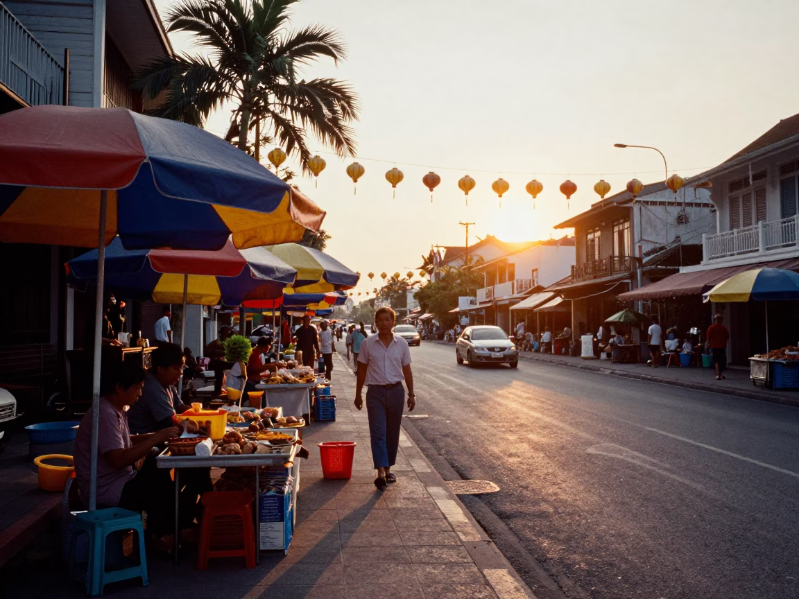 Golden Hour Street Scene in Phuket Thailand with Lanterns and Tropical Activity in in Phuket, Thailand