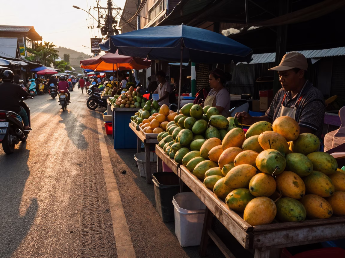 Golden Hour Street Scene in Phuket Thailand with Local Market Details in in Phuket, Thailand