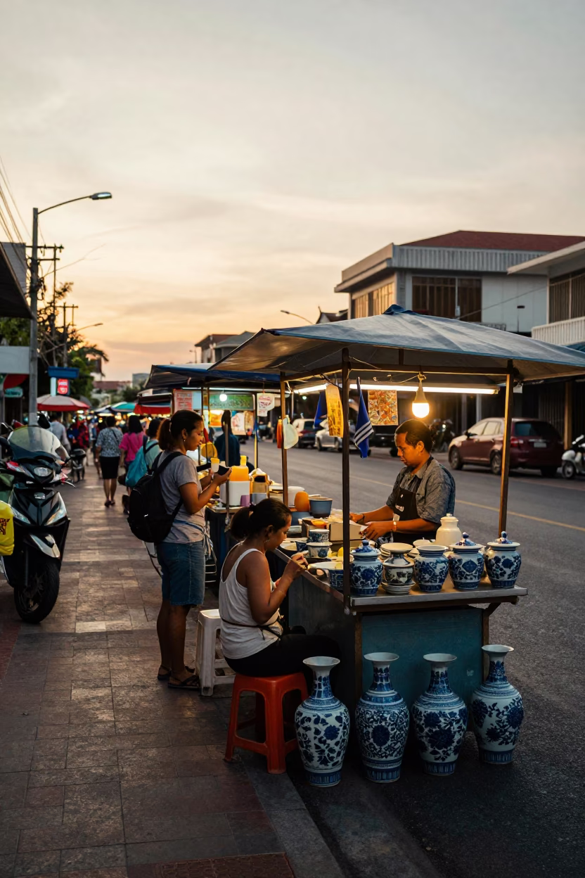 Golden Hour Street Scene in Phuket Thailand with Local Vendor and Blue Porcelain Plate in in Phuket, Thailand