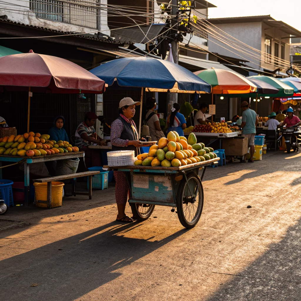 Golden Hour Street Scene in Phuket Thailand with Local Vendor and Colorful Market Atmosphere in in Phuket, Thailand