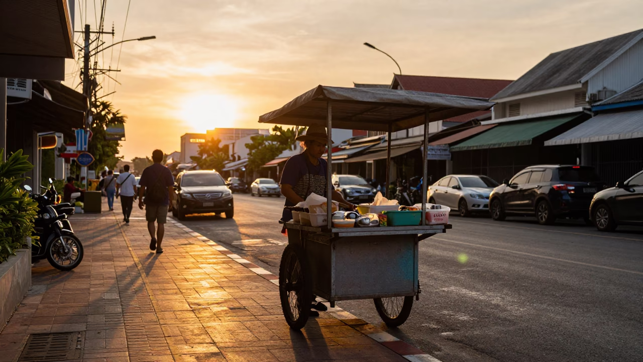 Golden Hour Street Scene in Phuket Thailand with Local Vendor and Evening Light in in Phuket, Thailand