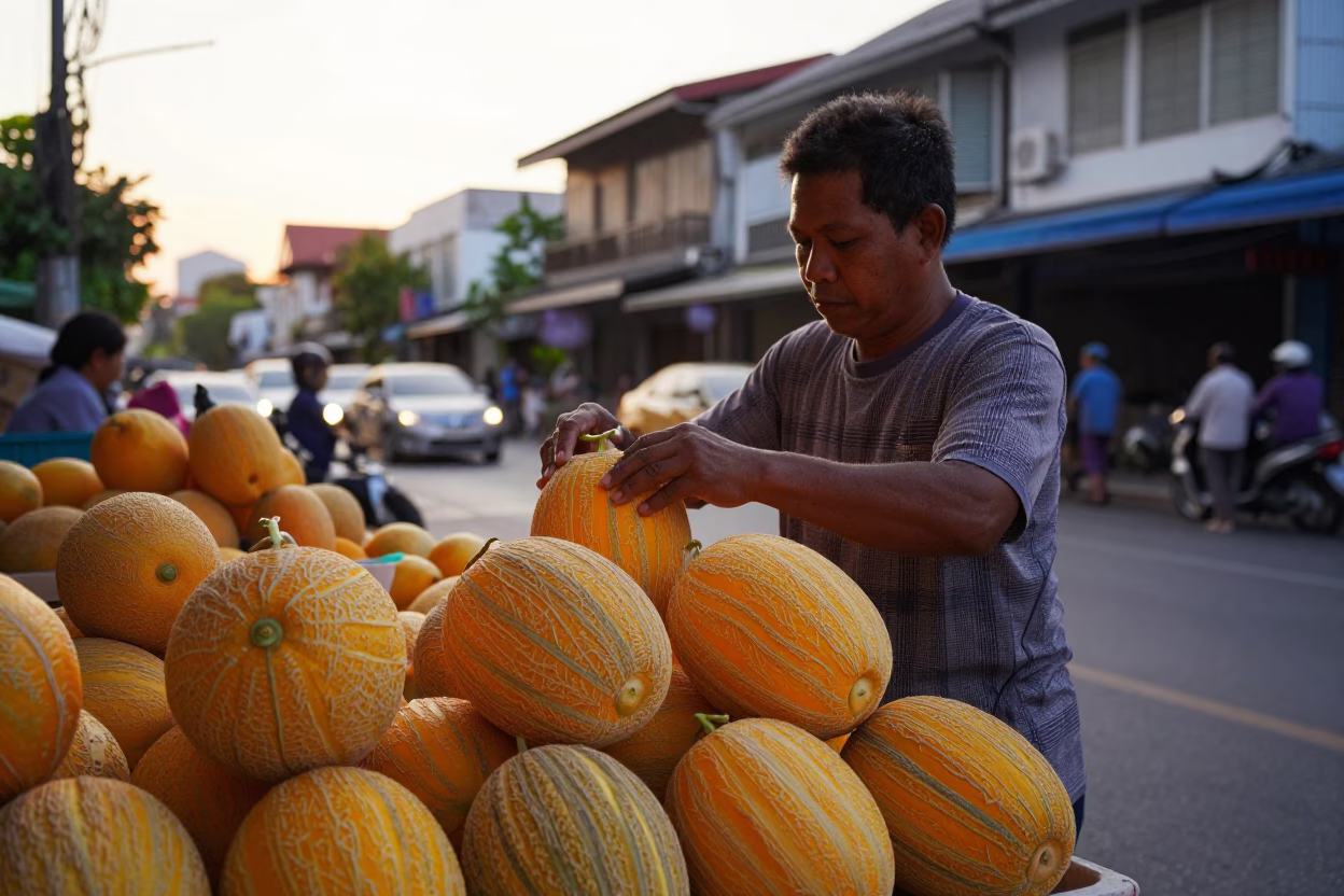 Golden Hour Street Scene in Phuket Thailand with Local Vendor and Melons in in Phuket, Thailand