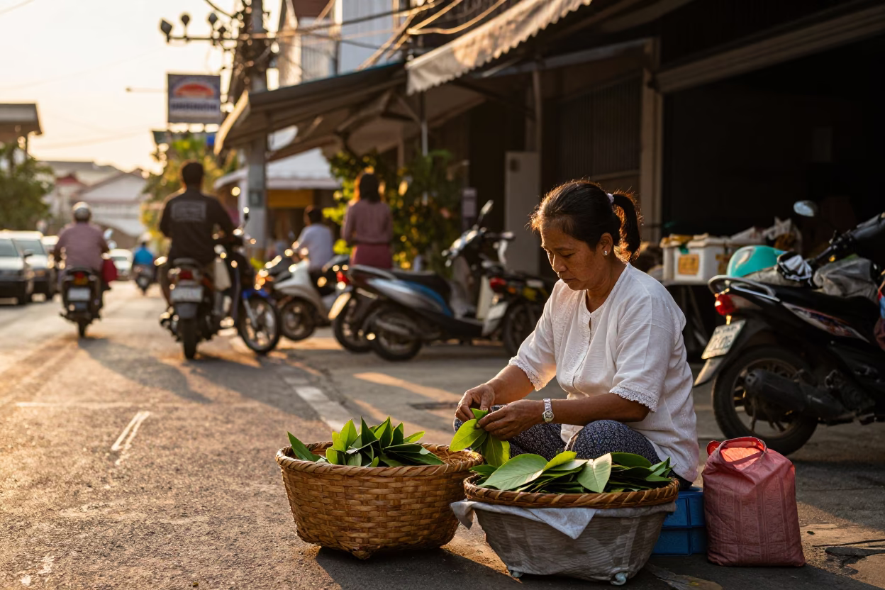 Golden Hour Street Scene in Phuket Thailand with Local Vendor and Traditional Basket in in Phuket, Thailand