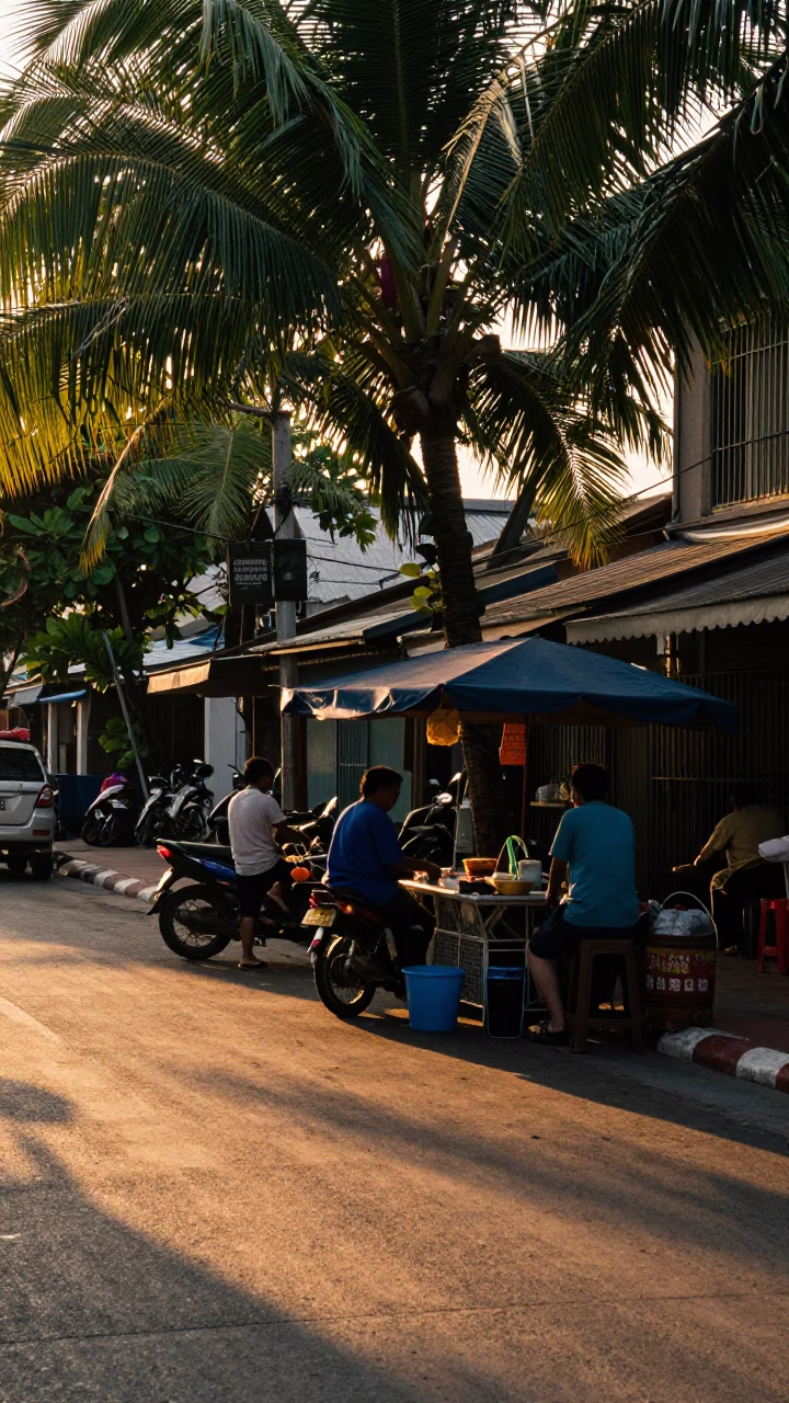 Golden Hour Street Scene in Phuket Thailand with Local Vendor and Vintage Details in in Phuket, Thailand