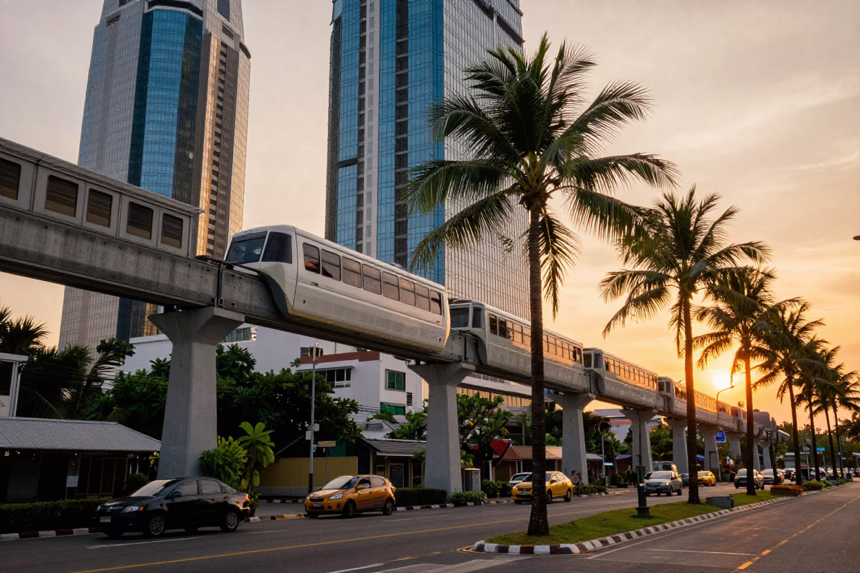 Golden Hour Street Scene in Phuket Thailand with Monorail and Palm Trees in in Phuket, Thailand