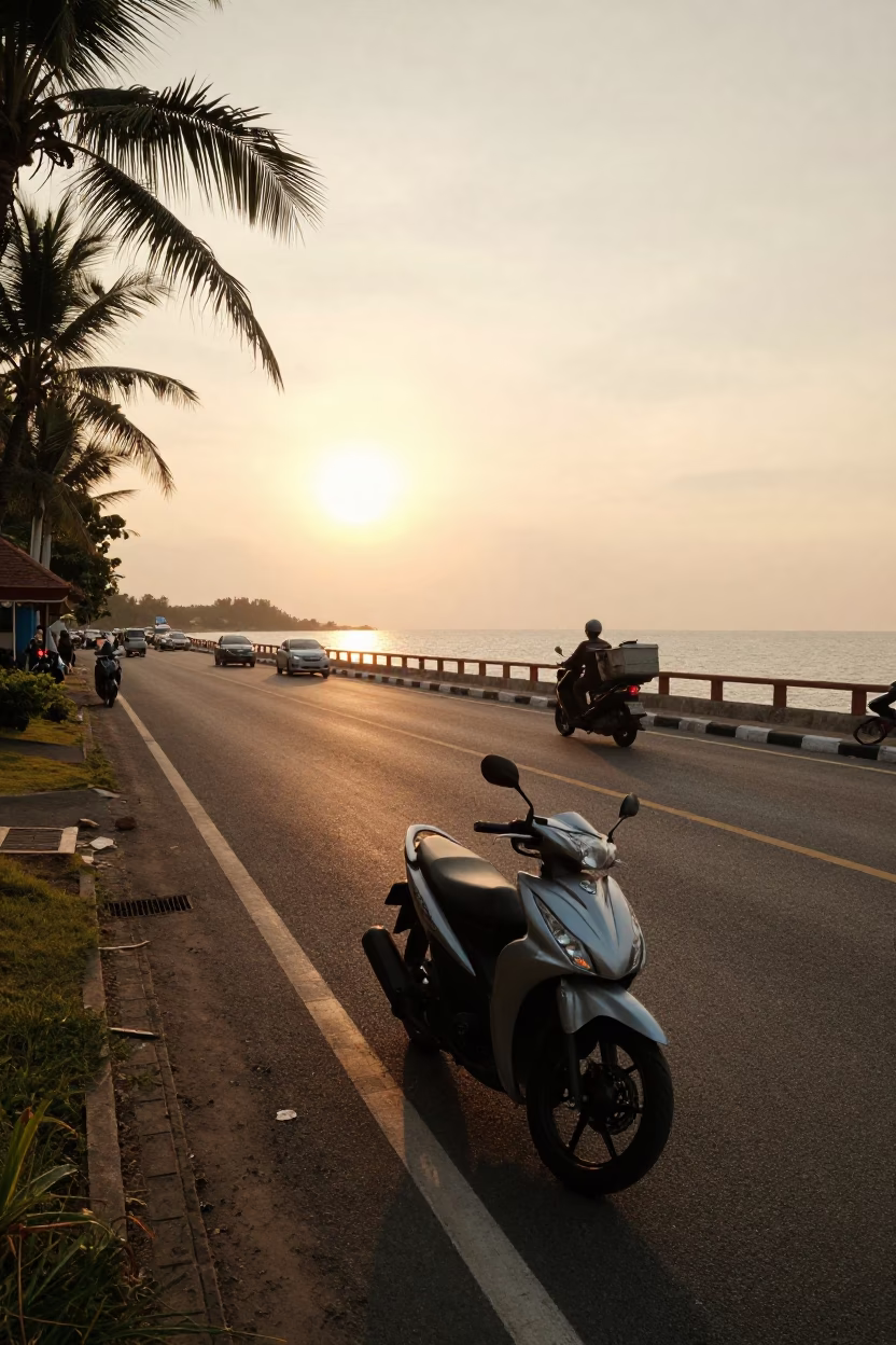 Golden Hour Street Scene in Phuket Thailand with Motorcycle and Coastal Highway in in Phuket, Thailand