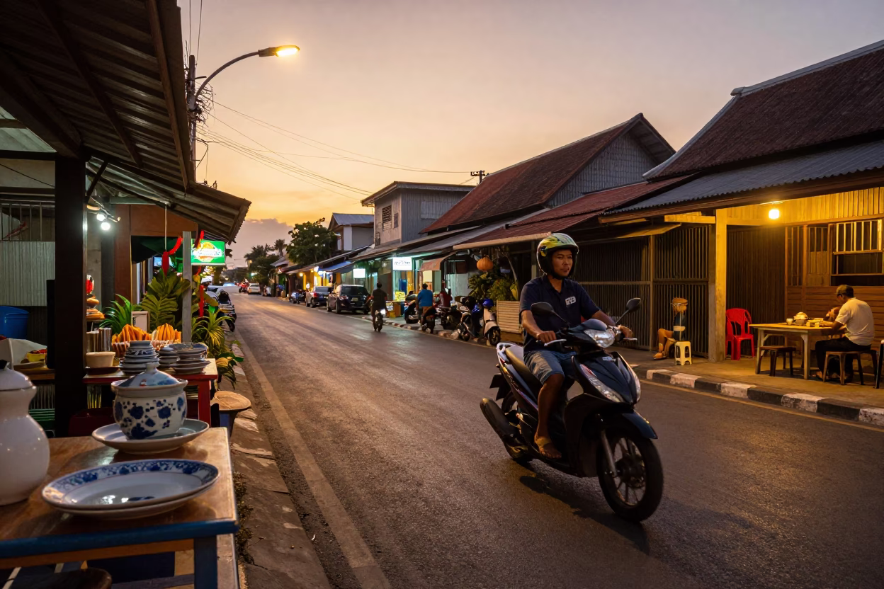 Golden Hour Street Scene in Phuket Thailand with Scooter and Ceramic Plate in in Phuket, Thailand