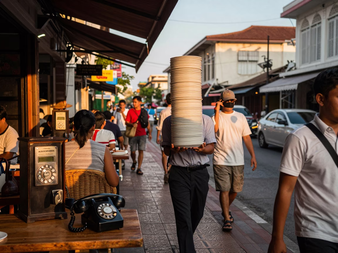 Golden Hour Street Scene in Phuket Thailand with Vintage Bakelite Telephone and Wicker Shadows in in Phuket, Thailand