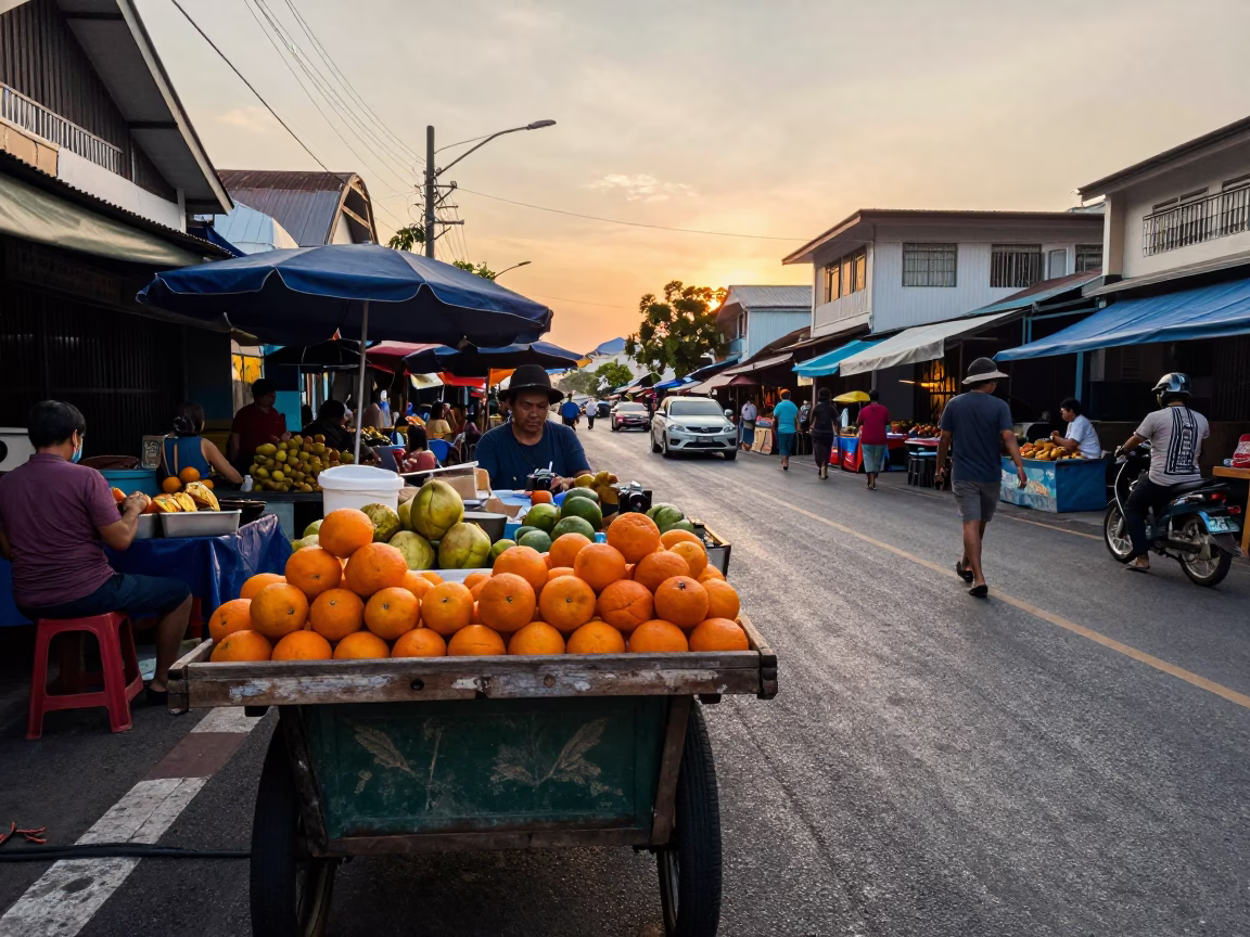 Golden Hour Street Scene in Phuket Thailand with Vintage Camera and Local Market Activity in in Phuket, Thailand