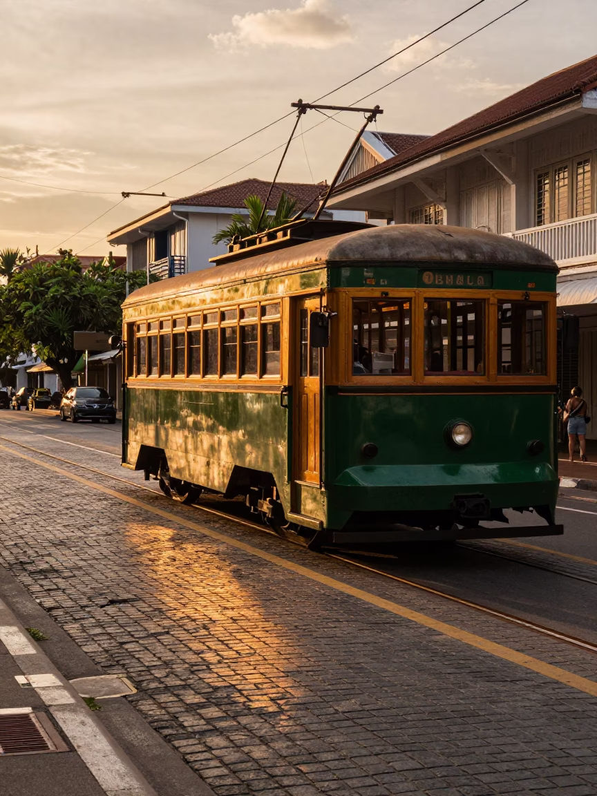Golden Hour Street Scene in Phuket Thailand with Vintage Tram and Local Life in in Phuket, Thailand