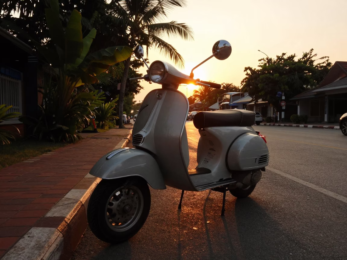 Golden Hour Street Scene in Phuket Thailand with Vintage Vespa and Tropical Greenery in in Phuket, Thailand