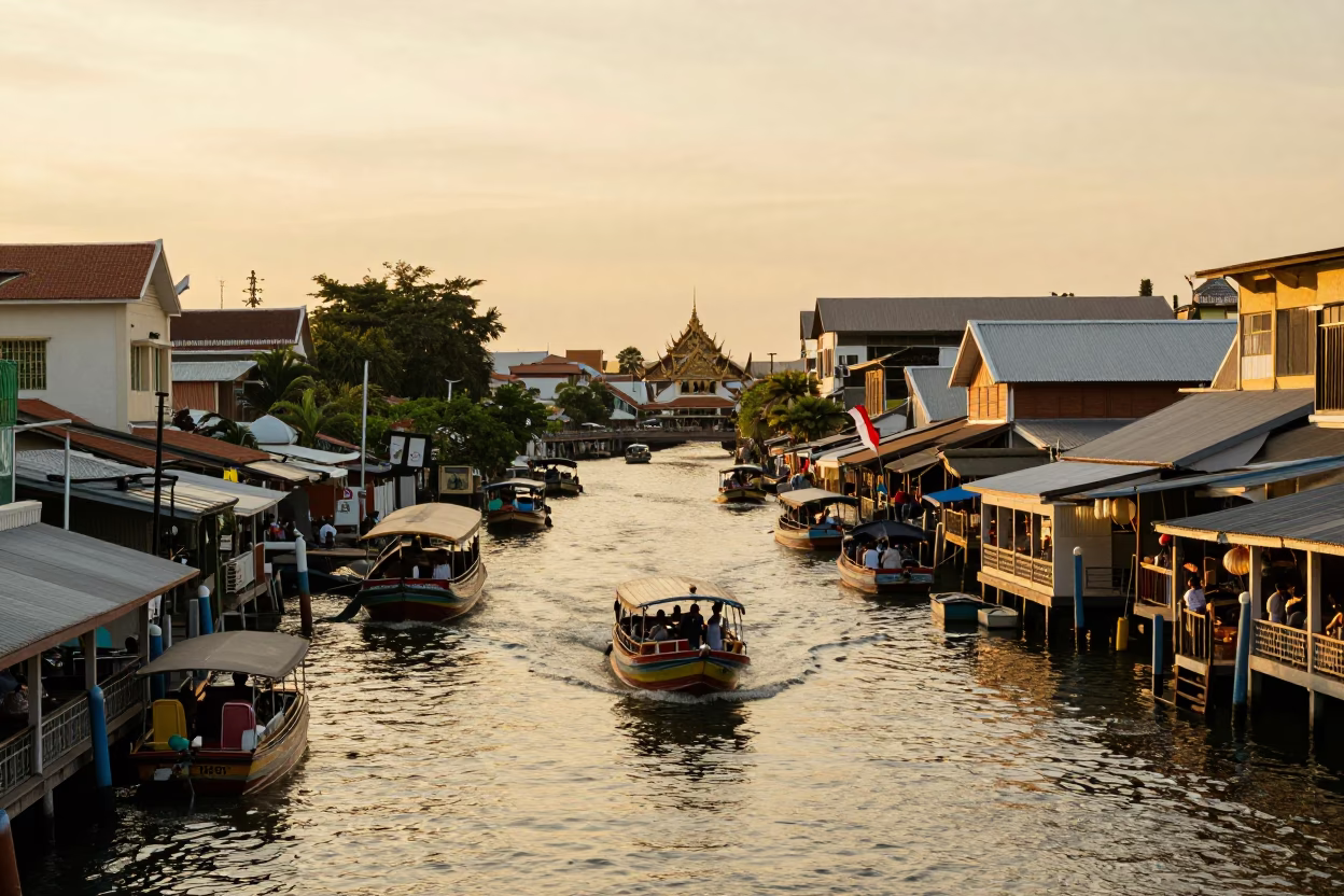 Golden Hour Street Scene in Phuket Thailand with Water Taxi and Canal Houseboats in in Phuket, Thailand