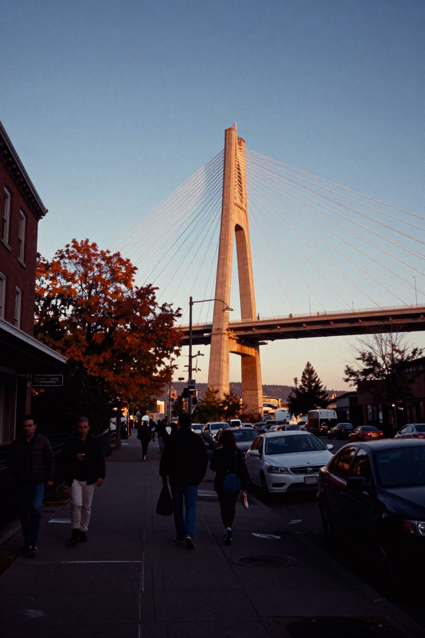 Golden Hour Street Scene in Portland Oregon with Cable Stayed Bridge and Autumn Foliage in in Portland, Oregon, United States