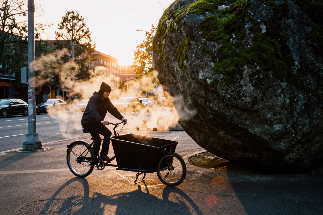 Golden Hour Street Scene in Portland Oregon with Cargo Bicycle and Mossy Boulder in in Portland, Oregon, United States