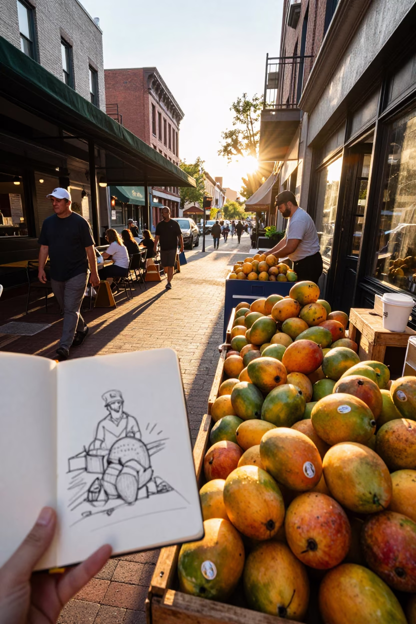 Golden Hour Street Scene in Portland Oregon with Mangoes and Sketchbook in in Portland, Oregon, United States