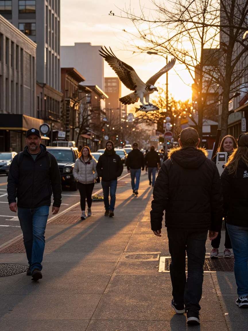Golden Hour Street Scene in Portland Oregon with Osprey and Urban Wildlife in in Portland, Oregon, United States