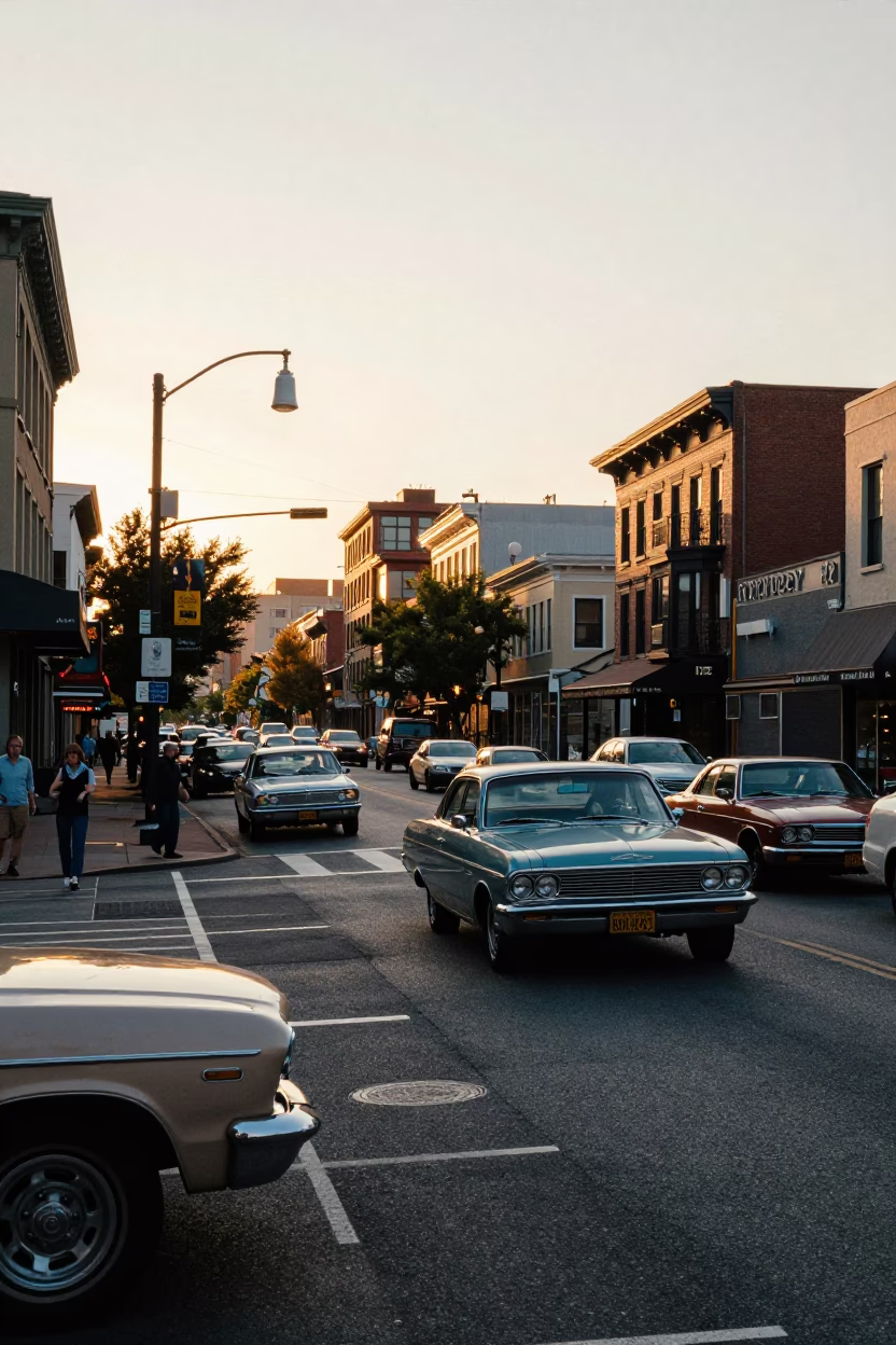 Golden Hour Street Scene in Portland Oregon with Vintage Cars and Pedestrians in in Portland, Oregon, United States