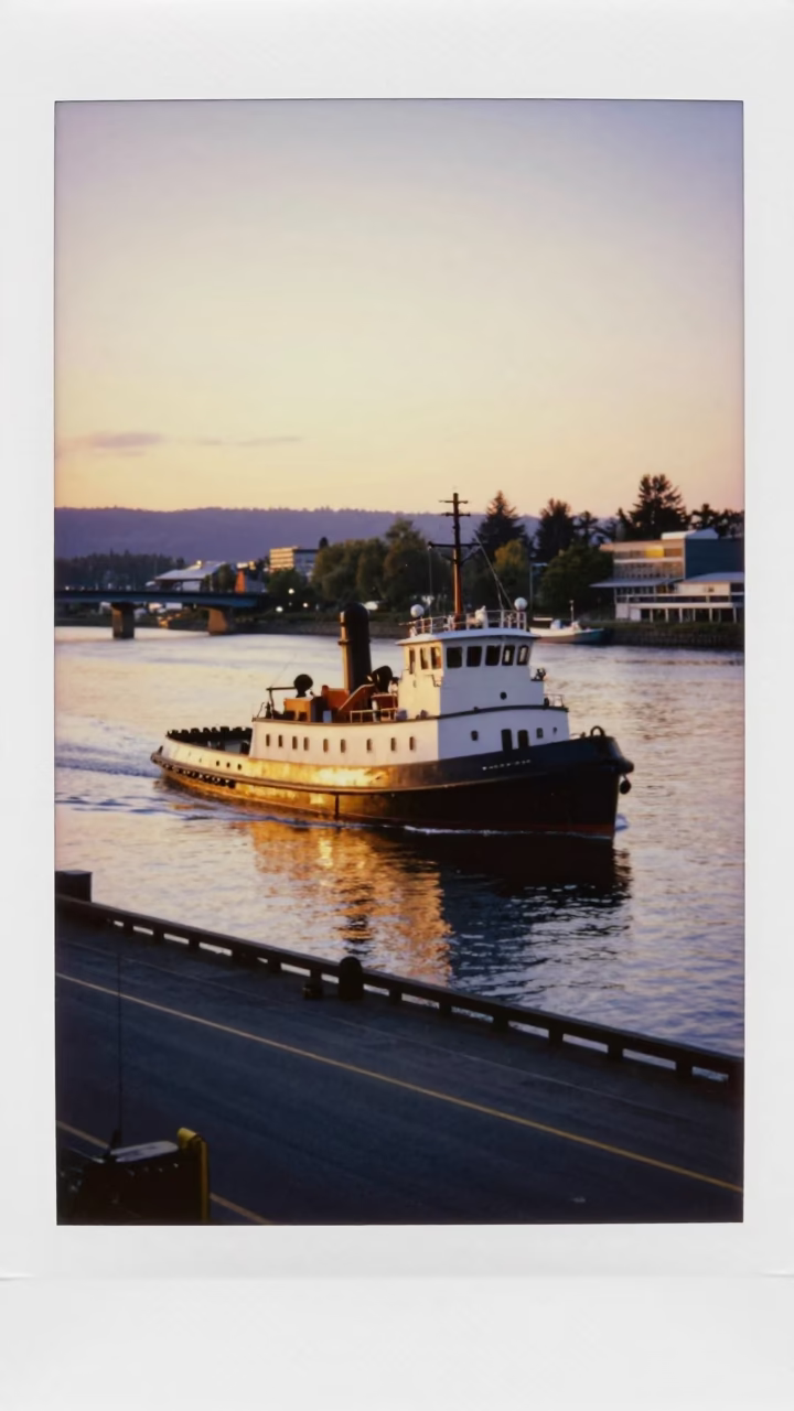 Golden Hour Street Scene in Portland Oregon with Vintage Tugboat on Willamette River in in Portland, Oregon, United States