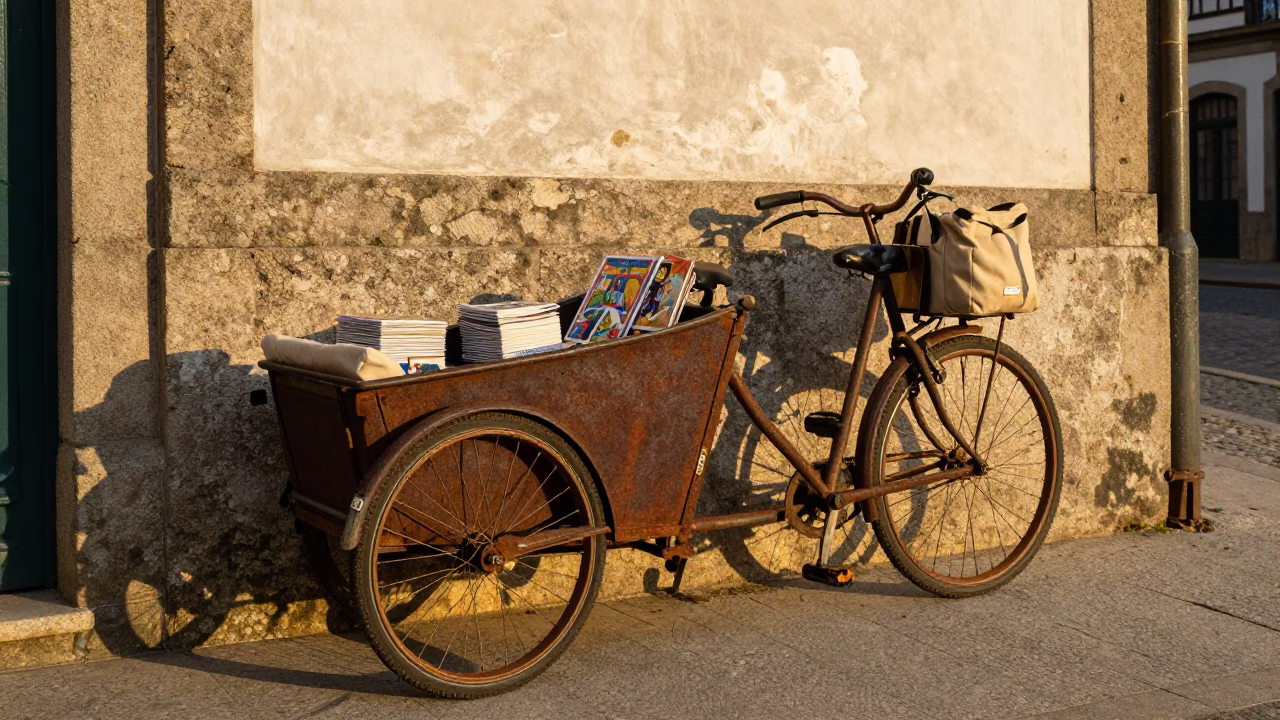 Golden Hour Street Scene in Porto Portugal with Cargo Bicycle and Postcards in in Porto, Portugal