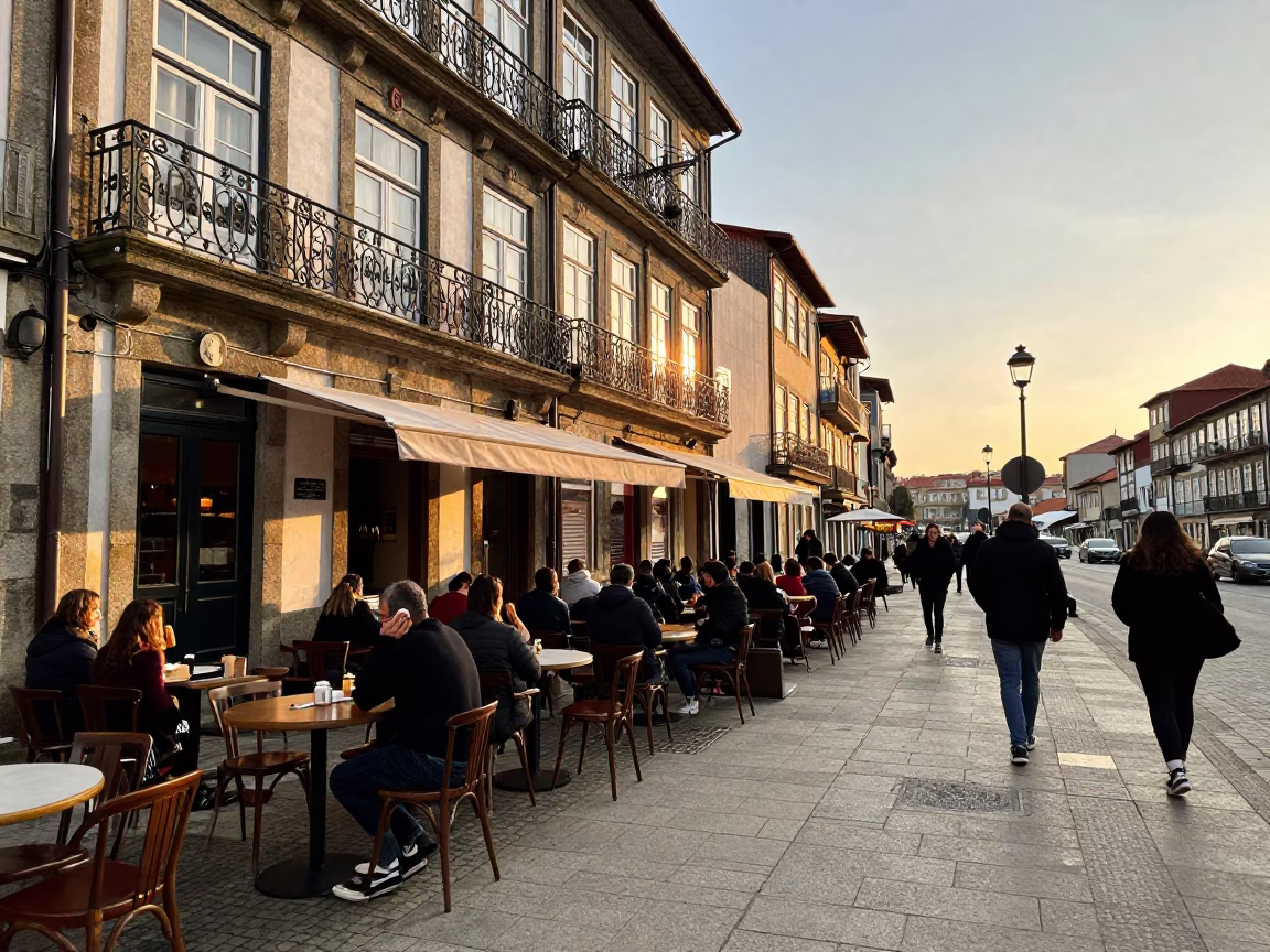 Golden Hour Street Scene in Porto Portugal with Churros and Steel Reflections in in Porto, Portugal