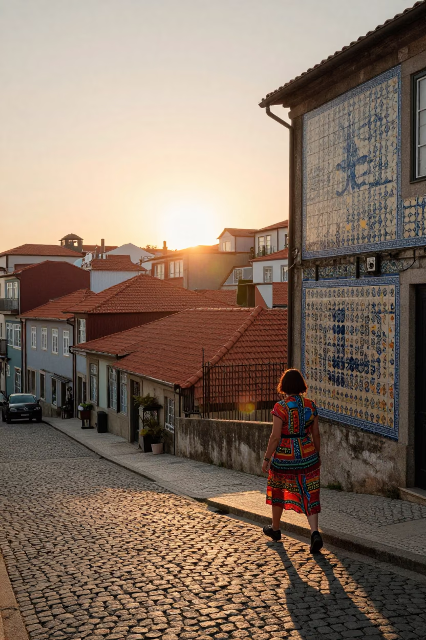 Golden Hour Street Scene in Porto Portugal with Colorful Tiles and Vine in in Porto, Portugal