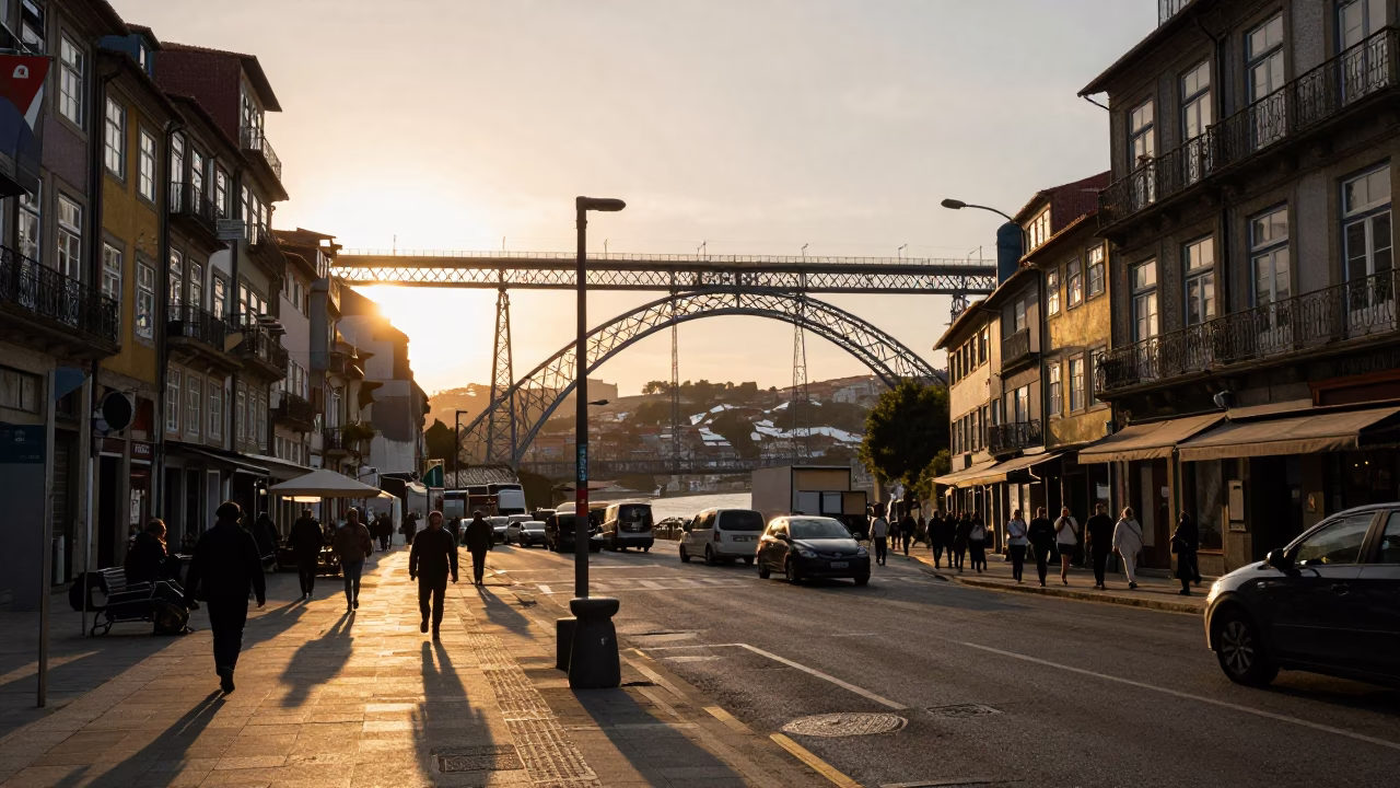 Golden Hour Street Scene in Porto Portugal with Construction Viaduct and Local Daily Life in in Porto, Portugal