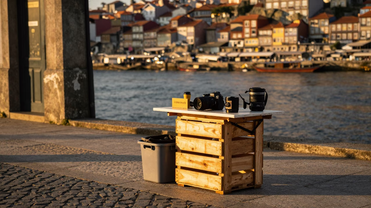 Golden Hour Street Scene in Porto Portugal with Crate and Trivet in in Porto, Portugal