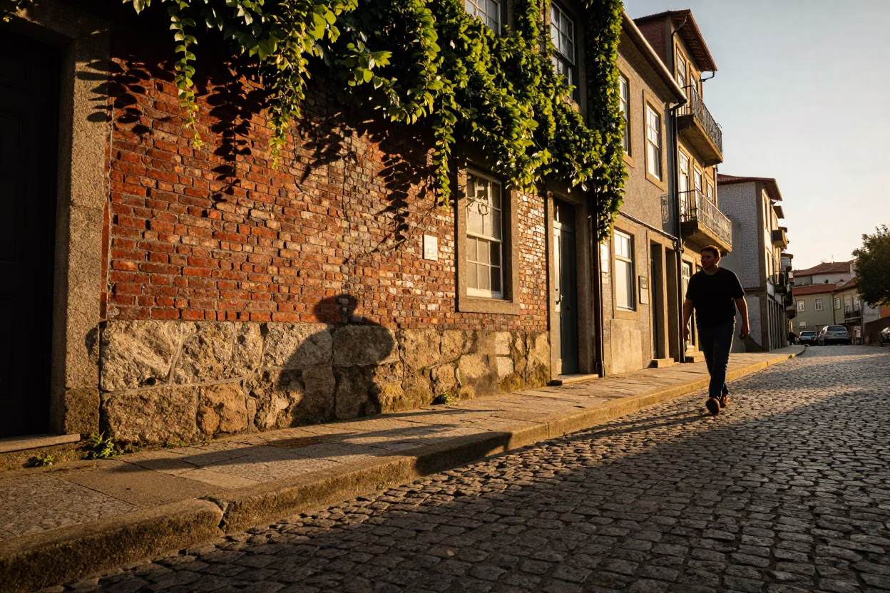 Golden Hour Street Scene in Porto Portugal with Ivy Brick Wall and Local Life in in Porto, Portugal