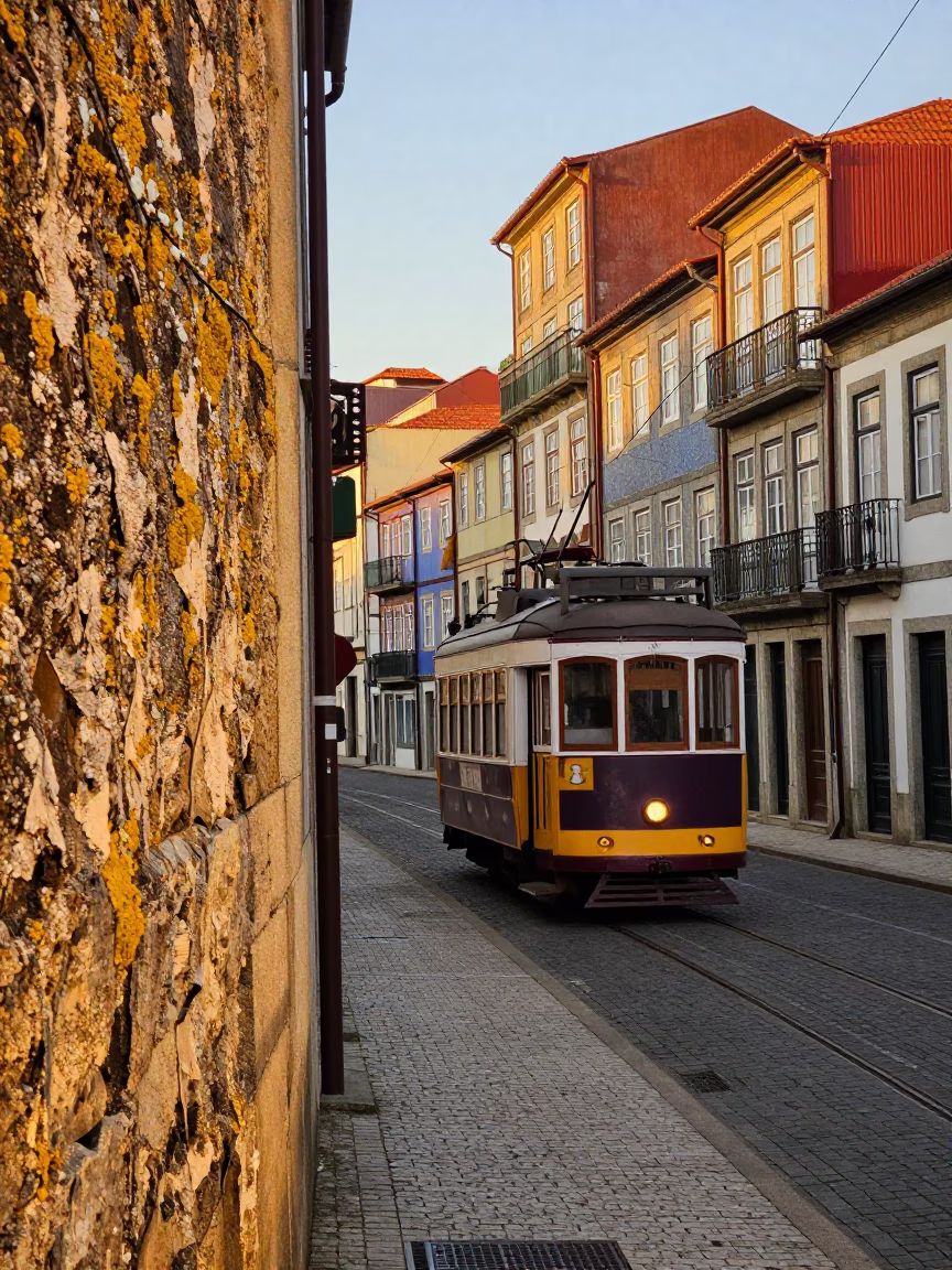 Golden Hour Street Scene in Porto Portugal with Lichen Wall and Vintage Tram in in Porto, Portugal