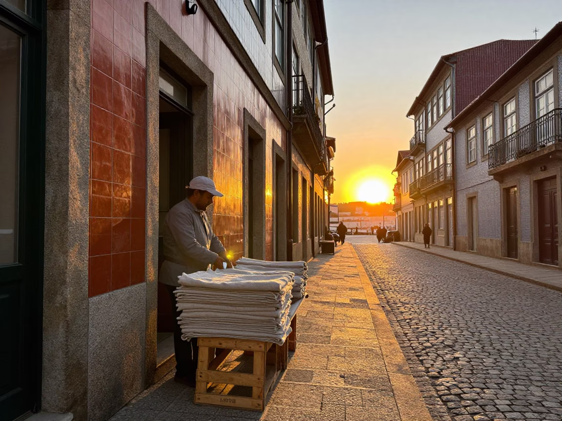 Golden Hour Street Scene in Porto Portugal with Linen and Local Details in in Porto, Portugal