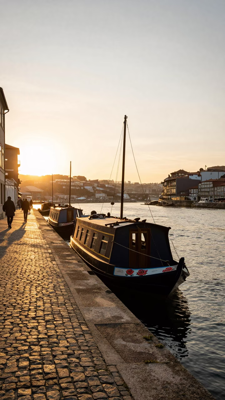 Golden Hour Street Scene in Porto Portugal with Narrowboat Art and Local Interaction in in Porto, Portugal