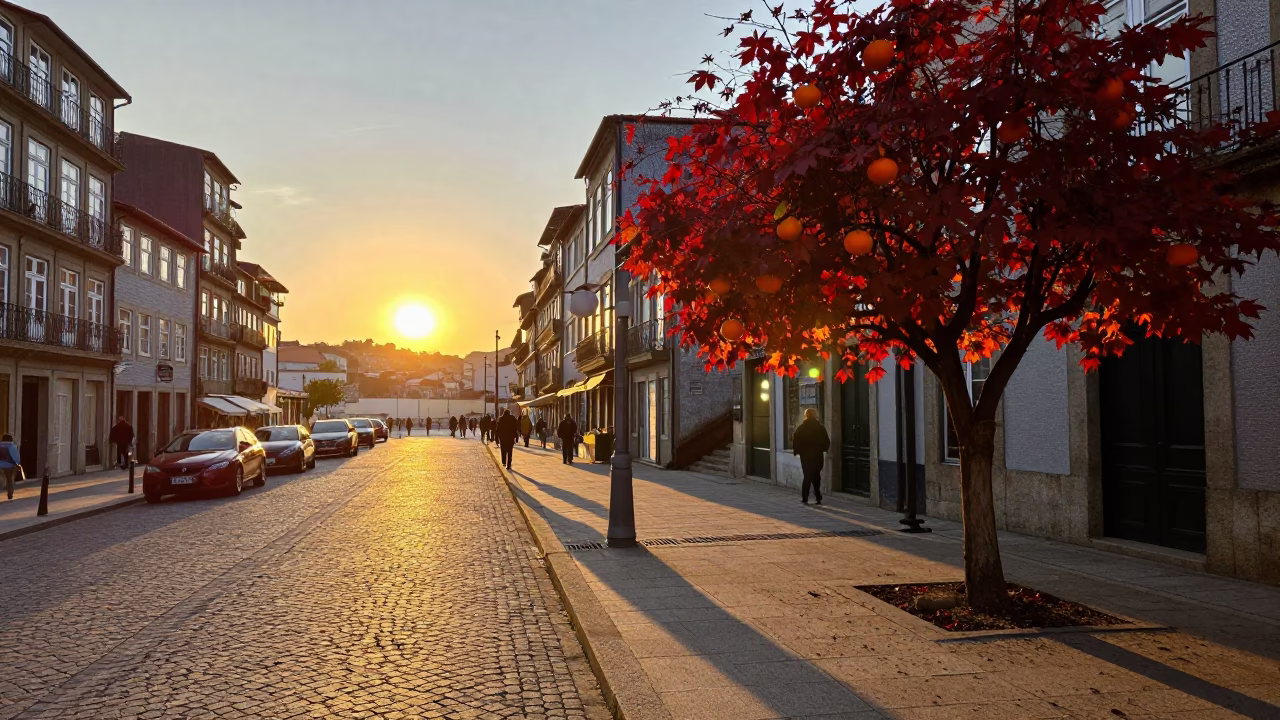 Golden Hour Street Scene in Porto Portugal with Oranges and Local Life in in Porto, Portugal