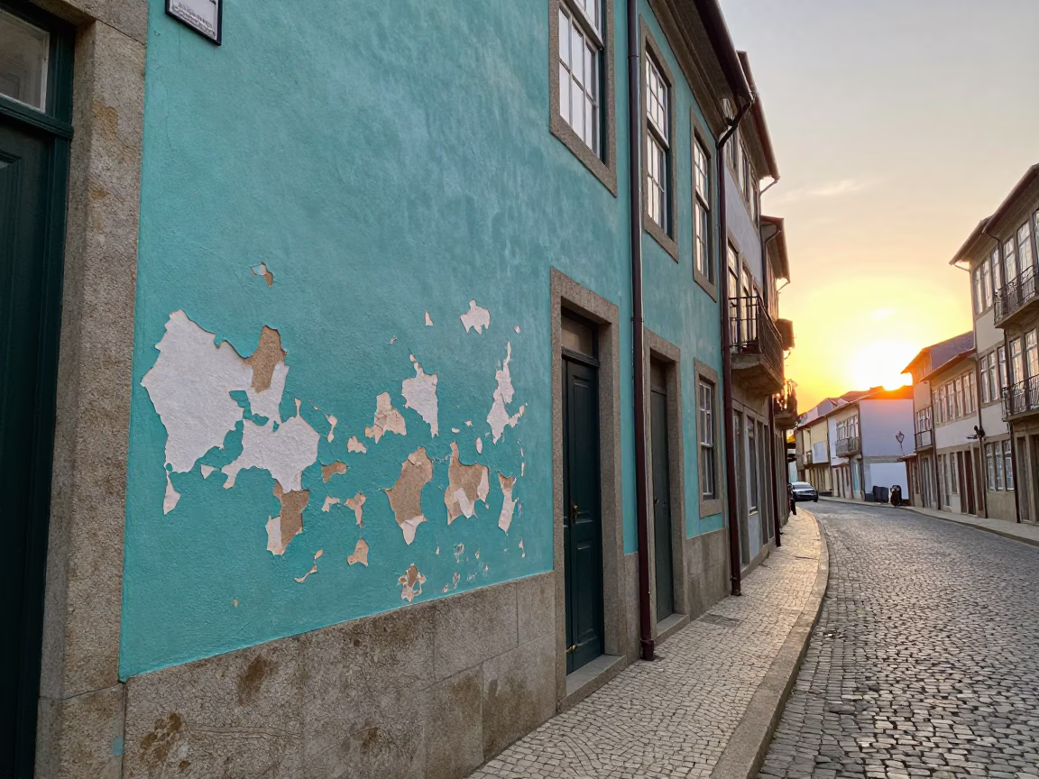 Golden Hour Street Scene in Porto Portugal with Peeling Turquoise Paint and Local Life in in Porto, Portugal