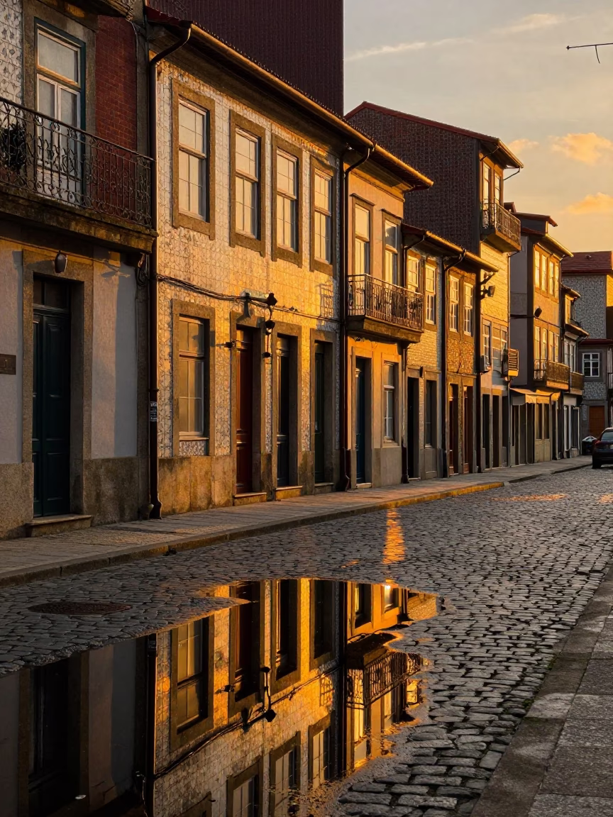 Golden Hour Street Scene in Porto Portugal with Reflections and Brick Architecture in in Porto, Portugal