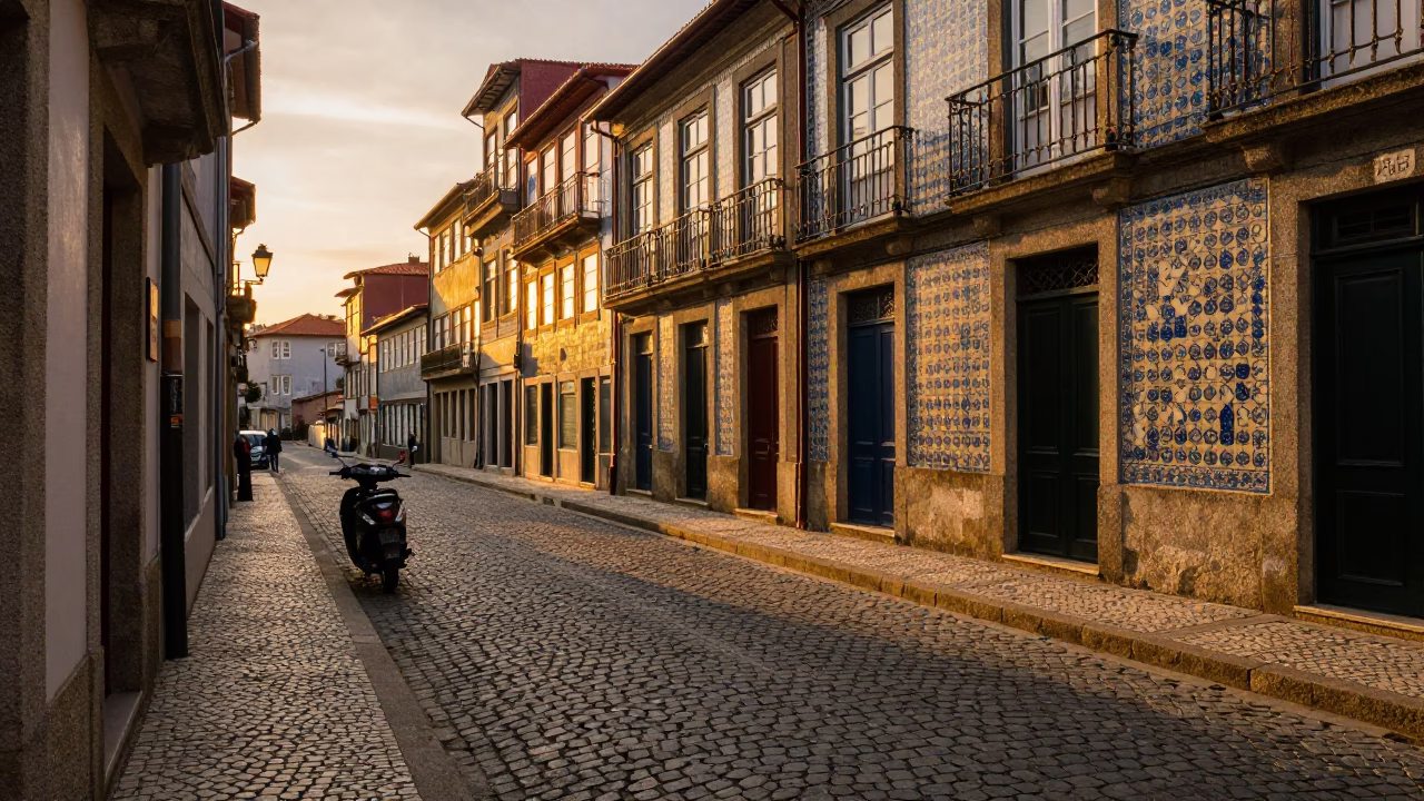 Golden Hour Street Scene in Porto Portugal with Scooter and Local Architecture in in Porto, Portugal