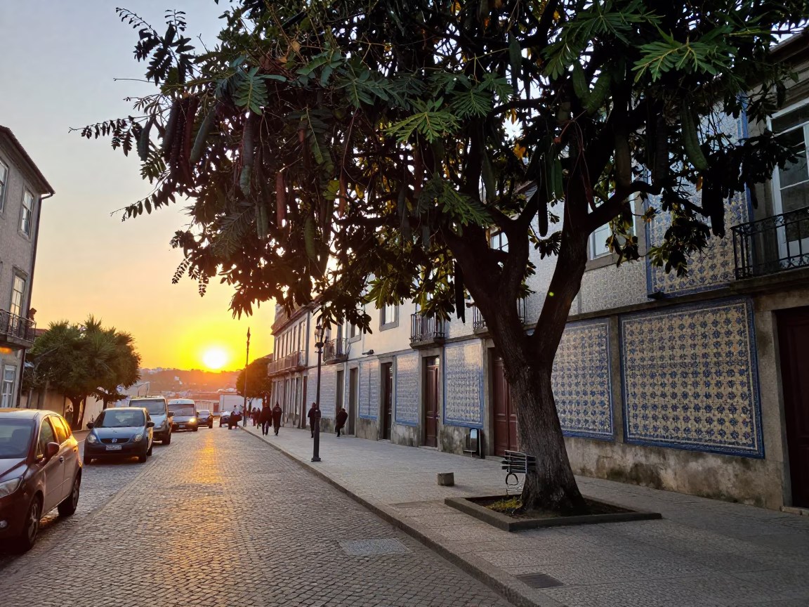 Golden Hour Street Scene in Porto Portugal with Tamarind Tree and Guitar Player in in Porto, Portugal