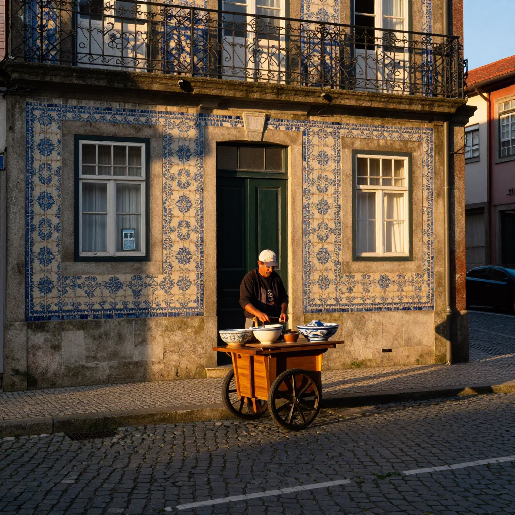 Golden Hour Street Scene in Porto Portugal with Traditional Ceramic Bowl and Local Life in in Porto, Portugal