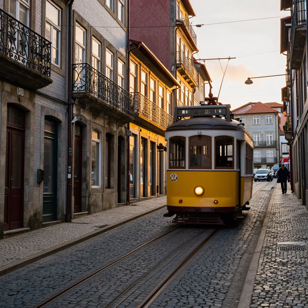 Golden Hour Street Scene in Porto Portugal with Traditional Tram and Cobblestone Architecture in in Porto, Portugal