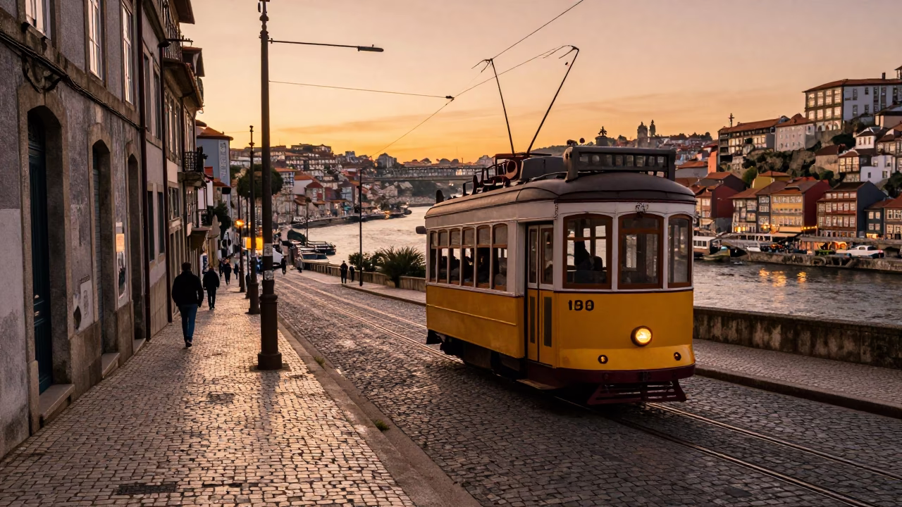 Golden Hour Street Scene in Porto Portugal with Tram and River View in in Porto, Portugal