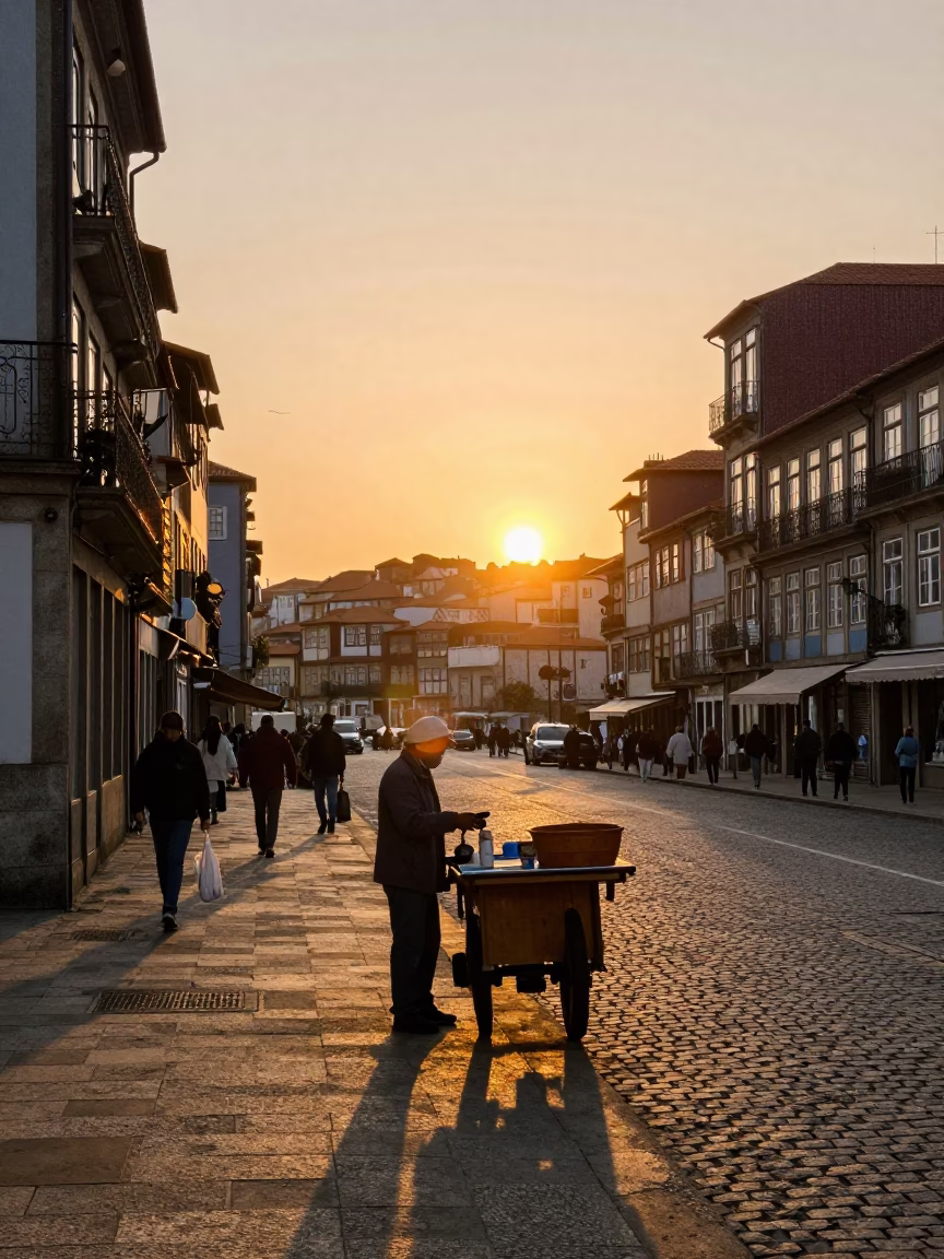 Golden Hour Street Scene in Porto Portugal with Vintage 1990s Aesthetic in in Porto, Portugal
