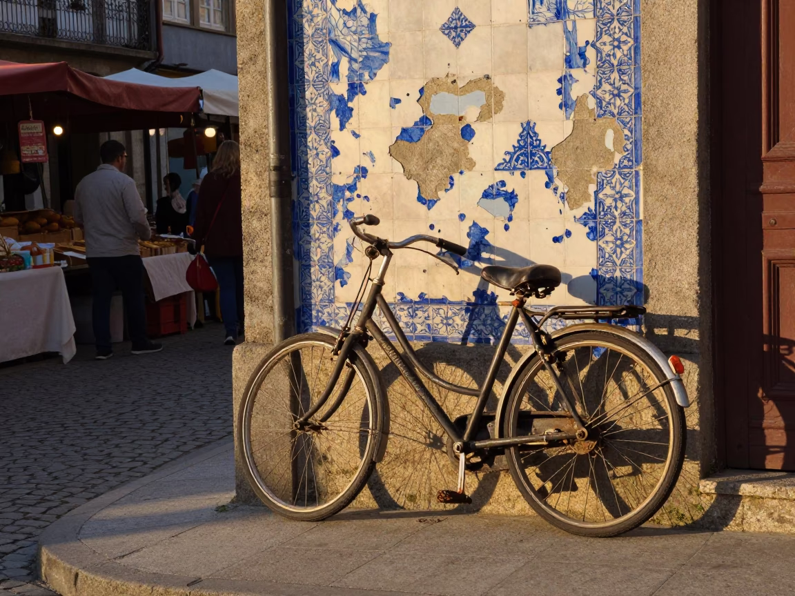 Golden Hour Street Scene in Porto Portugal with Vintage Bicycle and Local Market Goods in in Porto, Portugal