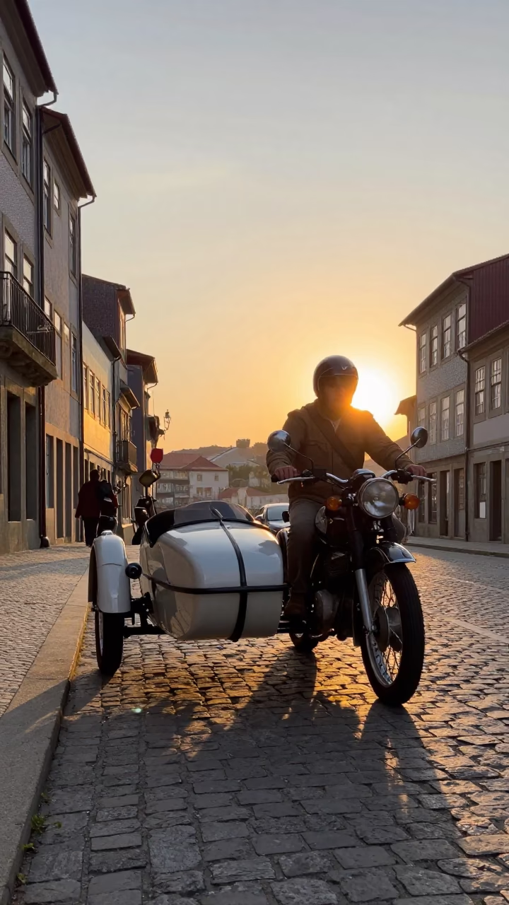 Golden Hour Street Scene in Porto Portugal with Vintage Motorcycle and Sidecar in in Porto, Portugal