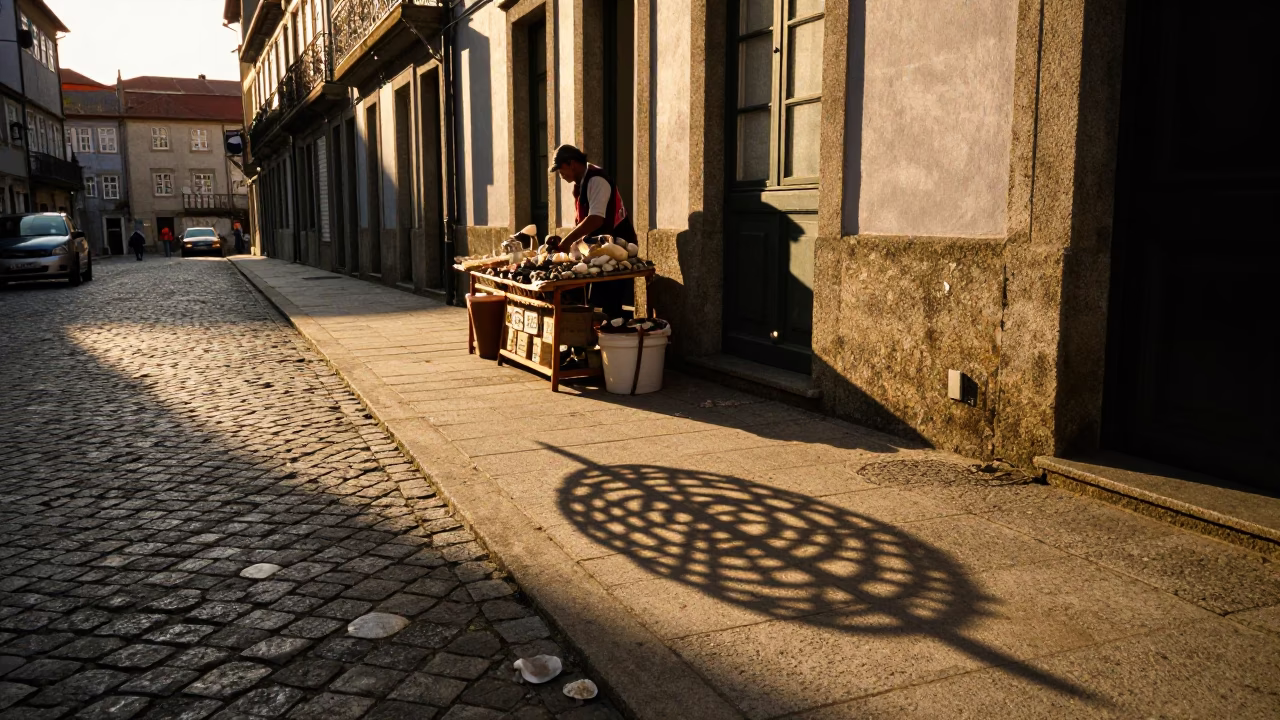 Golden Hour Street Scene in Porto Portugal with Wicker Shadow and Seashells in in Porto, Portugal