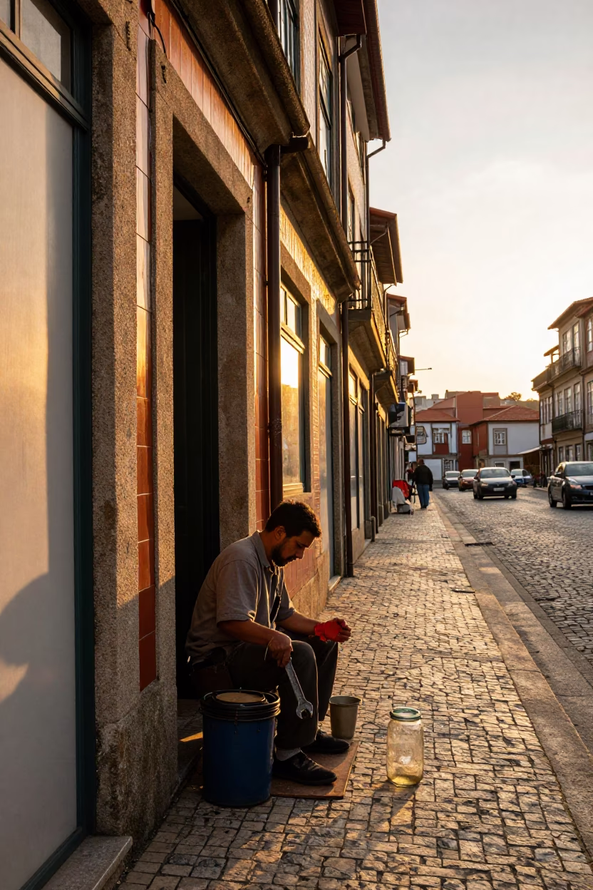 Golden Hour Street Scene in Porto Portugal with Wrench and Glass Jar in in Porto, Portugal