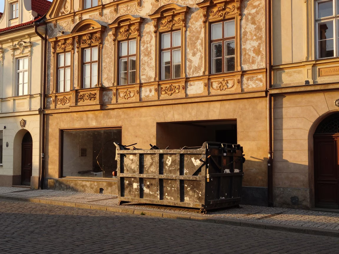 Golden Hour Street Scene in Prague Czech Republic with Demolition Dumpster and Vintage Architecture in in Prague, Czech Republic